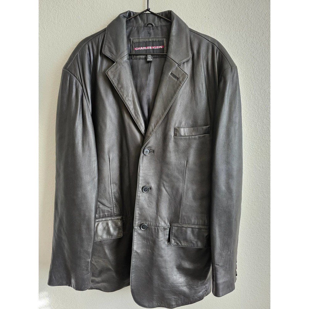 Charles Klein Mens Leather Jacket Black Size 2XL Long Sleeve Button Up